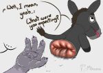  absurd_res after_fisting anal_fluids anal_fluids_on_hand animate_inanimate anthro anus asinus big_anus bodily_fluids brown_mane dialogue donkey equid equine fur grey_body grey_fur hand_puppet hi_res leaking_fluids looking_at_another looking_back looking_back_at_another male mammal mane monocerus open_mouth paws pink_anus pink_nostrils puppet simple_background tail text 