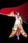  1girl absurdres ahoge blue_eyes brown_hair commentary_request eyes_visible_through_hair fate/grand_order fate_(series) fish3775 floral_print flower hair_flower hair_ornament haori highres holding holding_sheath holding_sword holding_weapon japanese_clothes kara_no_kyoukai kimono korean_commentary long_hair pink_kimono ryougi_shiki ryougi_shiki_(third_ascension) sandals serious sheath socks solo sword unsheathed very_long_hair weapon white_socks yellow_haori 