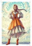  1girl aerith_gainsborough aerith_gainsborough_(garnet's_gown) black_choker boots border braid braided_ponytail breasts brown_hair choker closed_mouth cloud cloudy_sky cosplay crystal dated final_fantasy final_fantasy_vii final_fantasy_vii:_ever_crisis full_body garnet_til_alexandros_xvii garnet_til_alexandros_xvii_(cosplay) green_eyes hands_on_own_hips highres jewelry kay-i lace-up_top layered_skirt long_hair long_skirt long_sleeves medium_breasts official_alternate_costume orange_skirt parted_lips pendant petticoat puffy_long_sleeves puffy_sleeves red_boots sidelocks single_braid skirt sky socks solo standing twitter_username white_border white_socks 