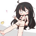  1girl :d ? ahoge barefoot bikini black_bikini black_hair blush breasts collarbone commentary_request cream_on_body food food_on_body foot_out_of_frame full_body hana_kazari hand_up highres long_hair looking_at_viewer micro_bikini navel o_o open_mouth original sandwich simple_background small_breasts smile solo sweat swimsuit v white_background 