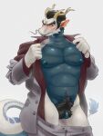 3:4 alternate_species andromorph anthro big_clitoris blush blush_lines clitoris clothing dragon genitals glistening glistening_body hairy_vulva hi_res horn intersex kazuma_kiryu majesticcorn_2000 muscular muscular_andromorph muscular_anthro muscular_intersex musk musk_cloud mythological_creature mythological_scalie mythology nipples pecs pubes scalie simple_background solo suit undressing white_background yakuza_(series)