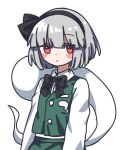  1girl black_bow black_bowtie black_hairband blush bow bowtie collared_shirt commentary_request green_skirt green_vest grey_hair hairband highres hitodama hitodama_print konpaku_youmu konpaku_youmu_(ghost) looking_at_viewer making-of_available natucurage red_eyes shirt short_hair simple_background skirt skirt_set solo touhou vest white_background white_shirt 
