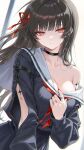  absurdres ai-generated black_hair chisa_(wuthering_waves) highres jewelry looking_at_viewer medium_hair red_eyes red_ribbon ribbon ring school_uniform tuinositone twitter wuthering_waves 