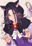  2girls animal_ears animal_on_head bell black_capelet black_hair blunt_bangs blush bow bowtie breasts capelet cat cat_on_head claw_pose commentary_request ear_bow ears_through_headwear ears_through_hood fenomeno_(umamusume) flipped_hair gold_ship_(umamusume) grey_hair hat hi_(ibisf5umauma) highres hood hood_up hooded_capelet horse_ears horse_girl long_hair long_sleeves looking_at_viewer multicolored_hair multiple_girls neck_bell on_head open_mouth pillbox_hat pleated_skirt purple_bow purple_eyes purple_hair purple_sailor_collar purple_serafuku purple_shirt purple_skirt red_bow sailor_collar sailor_shirt school_uniform serafuku shirt skirt smile tracen_school_uniform umamusume white_bow white_bowtie 