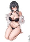  1girl alternate_breast_size_(larger) artist_name barefoot black_bra black_choker black_panties blush bra breasts choker closed_eyes collarbone commentary_request ebifurya gloves hair_between_eyes hair_intakes hair_ornament hairclip hands_up heavy_breathing highres kantai_collection large_breasts long_hair navel no_pants one-hour_drawing_challenge open_clothes open_mouth open_shirt oyashio_(kancolle) panties seiza shirt sidelocks simple_background sitting solo thighs twitter_username underwear white_background white_gloves white_shirt 