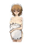  1girl 2chan bifocals breasts brown_eyes brown_hair covering covering_crotch futaba_channel glasses large_breasts maid maid_headdress nemui nijiura_maids nipples nude pillow pillow_hug short_hair 