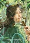  1boy androgynous bamboo bamboo_forest bindi black_hair blue_gem border chinese_clothes curtained_hair floating_hair floating_ribbon folded_fan folding_fan forest from_behind gem green_eyes green_hair green_hanfu green_ribbon grey_border half_updo hand_fan hanfu head_tilt highres holding holding_fan inset_border leaf long_sleeves looking_at_viewer looking_back male_focus nature outdoors parted_bangs parted_lips pink_lips portrait renzha_fanpai_zijiu_xitong ribbon ribboned_xiao_guan shen_qingqiu sidelocks smile solo verbartt water_drop 