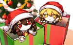  2girls alternate_headwear ascot black_vest blonde_hair blush_stickers box brown_hair christmas christmas_tree closed_mouth detached_sleeves fumo_(doll) gift gift_box hair_tubes hakurei_reimu hat highres kirisame_marisa long_hair looking_at_viewer multiple_girls natucurage pom_pom_(clothes) red_eyes red_hat ribbon-trimmed_sleeves ribbon_trim santa_hat smile touhou twitter_username vest waving yellow_ascot yellow_eyes 