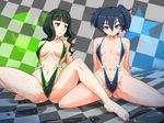  black_hair black_rock_shooter blue_eyes green_eyes jt_dong-agyoku kuroi_mato long_hair multiple_girls short_hair slingshot_swimsuit swimsuit takanashi_yomi twintails wet 