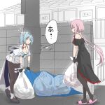  2girls assault_lily bag bare_shoulders black_dress black_gloves black_pantyhose blue_hair blue_sandals blunt_bangs breast_tattoo breasts brown_pantyhose cleavage commentary_request day dress eye_contact fingerless_gloves flower frilled_dress frills full_body gloves green_eyes hair_flower hair_ornament hanten_(clothes) haori heel_up highres holding holding_bag house japanese_clothes jewelry kimono leaning_forward long_hair looking_at_another low_twintails medium_breasts medium_hair monochrome_background multiple_girls necklace off-shoulder_dress off_shoulder outdoors pantyhose parted_lips pendant pink_hair pink_slippers profile sandals shared_speech_bubble shirayuki_(assault_lily) short_kimono short_sleeves side_ponytail slippers speech_bubble standing tasuki tattoo thigh_strap tiara toda_eulalia_kotohi translated trash_bag twintails urutsu_sahari v_arms very_long_hair waist_cape white_background white_flower white_haori white_kimono wrist_wrap yellow_eyes zouri 