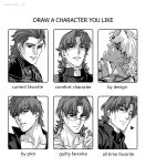  5boys bespectacled collarbone commentary_request english_text fate/grand_order fate/stay_night fate/zero fate_(series) glasses greyscale grigori_rasputin_(fate) grigori_rasputin_(second_ascension)_(fate) grigori_rasputin_(third_ascension)_(fate) gyogyo_hjj heart highres korean_commentary kotomine_kirei kotomine_kirei_(fate/zero) male_focus medium_hair monochrome multiple_boys multiple_drawing_challenge multiple_persona one_eye_closed smile 