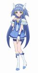  1girl aoki_reika bike_shorts blue_choker blue_eyes blue_hair blue_shorts blue_skirt boots choker commentary cure_beauty fingernails full_body hair_ornament high_heel_boots high_heels highres knee_boots long_hair looking_at_viewer magical_girl open_mouth paw_pose precure shoes shorts simple_background skirt smile smile_precure! solo tiara white_background white_shoes wing_hair_ornament wrist_cuffs yuzu_sato 