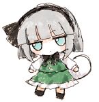  1girl black_bow black_bowtie black_hairband blue_eyes bow bowtie closed_mouth full_body fumo_(doll) green_skirt green_vest grey_hair hairband hitodama konpaku_youmu konpaku_youmu_(ghost) long_sleeves looking_at_viewer natucurage shirt skirt skirt_set solo touhou vest white_shirt 
