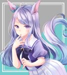  1girl absurdres animal_ears aqua_bow blush bow bowtie breasts closed_mouth commentary_request ear_bow ear_ribbon highres horse_ears horse_girl horse_tail long_hair looking_at_viewer mejiro_mcqueen_(umamusume) pleated_skirt puffy_short_sleeves puffy_sleeves purple_bow purple_bowtie purple_eyes purple_hair purple_shirt sailor_collar sailor_shirt school_uniform shirt short_sleeves skirt solo tail tracen_school_uniform umamusume white_sailor_collar white_skirt yuugi_roki 
