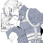  2boys bare_shoulders beard_stubble chest_harness commentary_request dante_(devil_may_cry) devil_may_cry_(series) devil_may_cry_4 facial_hair frown furrowed_brow greyscale hair_between_eyes harness hiryuu_(kugelcruor) hood hood_down hooded_vest hoodie korean_commentary looking_at_another male_focus monochrome multiple_boys nero_(devil_may_cry) popped_collar short_hair smile stubble sweatdrop toned toned_male uncle_and_nephew upper_body vest white_background white_hair 