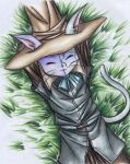  .hack// .hack//sign 1other :3 ^_^ animal_ears animal_nose arms_behind_head arms_up belt blue_belt blue_neckerchief brown_hat brown_sleeves cat_ears cat_tail closed_eyes closed_mouth colored_pencil_(medium) ears_through_headwear english_commentary from_above furry grass grey_tunic hat layered_sleeves long_sleeves lying macha_(.hack//) neckerchief on_back relaxing seifer_sama short_over_long_sleeves short_sleeves smile split-color_fur tail tall_hat traditional_media tunic whiskers white_tail wide_brim witch_hat wrinkled_fabric 