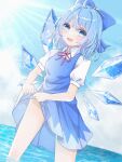 1girl :3 :d blue_bow blue_dress blue_eyes blue_hair blunt_bangs bow cirno clothes_lift collared_shirt commentary_request dress dress_lift dutch_angle fang hair_bow highres ice ice_wings legs_apart looking_at_viewer namne_ao neck_ribbon ocean on_water open_mouth outdoors puffy_short_sleeves puffy_sleeves red_ribbon ribbon shirt short_hair short_sleeves skin_fang smile standing touhou white_shirt wings 