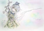  1girl black_bow black_bowtie black_hairband bow bowtie cherry_blossoms collared_shirt commentary_request green_eyes green_skirt green_vest grey_hair hairband highres hitodama ikeda_ruriko konpaku_youmu konpaku_youmu_(ghost) looking_at_viewer open_mouth puffy_short_sleeves puffy_sleeves shirt short_sleeves skirt skirt_set smile solo touhou traditional_media vest white_shirt 