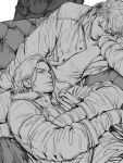  2boys beard_stubble closed_eyes closed_mouth commentary couch crossed_arms dante_(devil_may_cry) devil_may_cry_(series) devil_may_cry_5 facial_hair greyscale hair_between_eyes head_on_hand jacket lap_pillow male_focus monochrome multiple_boys nero_(devil_may_cry) parted_bangs parted_lips short_hair sleeping stubble t4gamo uncle_and_nephew untranslatable_commentary 