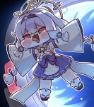  1girl :3 absurdres blush bow braid center-flap_bangs commentary_request detached_sleeves full_body hairband highres kitosan_(user_wtmz2482) korean_commentary legs_apart long_hair looking_at_viewer low_twin_braids nontraditional_miko open_mouth outstretched_arms pleated_skirt portal_(object) purple_bow purple_eyes purple_hair purple_hairband purple_skirt ribbon-trimmed_sleeves ribbon_trim sailor_collar skirt sleeveless sleeves_past_fingers sleeves_past_wrists smile socks solo spread_arms tongue tongue_out trickcal twin_braids v-shaped_eyebrows white_sailor_collar white_socks wide_sleeves yomi_(trickcal) 