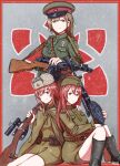  3girls alstroemeria_(idolmaster) bag1945 belt black_boots bolt_action boots brown_belt brown_eyes brown_hair cloak closed_mouth commentary_request dp-27 drum_magazine garrison_cap green_cloak green_hat green_jacket green_skirt gun gun_sling hat holding holding_gun holding_weapon idolmaster idolmaster_shiny_colors jacket knees_up kuwayama_chiyuki light_machine_gun long_hair long_sleeves looking_at_viewer machine_gun magazine_(weapon) military military_uniform mosin-nagant multiple_girls osaki_amana osaki_tenka peaked_cap ppsh-41 red_hair rifle scope sitting skirt smile soviet soviet_army standing submachine_gun ushanka weapon 