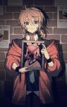  1boy absurdres aqua_eyes art_waven blood_on_cheek brick_wall commentary crossed_out ego_renegade_boy_(vocaloid) english_commentary highres holding_portrait jacket kagamine_len kagamine_rin looking_at_viewer lyrics male_focus messy_hair mole mole_under_eye orange_jacket portrait_(object) short_hair smile solo vocaloid wanted_poster 