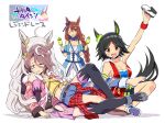 4girls :d ^_^ ahoge animal_ears asymmetrical_clothes bag barefoot biwa_hayahide_(pf._winning_equation...)_(umamusume) biwa_hayahide_(umamusume) black_hair black_shorts black_thighhighs blue_dress blue_eyes blue_pants braid breasts brown_hair cleavage closed_eyes commentary_request dress fur-trimmed_hood fur_trim grey_hair hair_ornament hairclip hood hood_down hooded_jacket horse_ears horse_girl horse_tail jacket large_breasts long_hair multicolored_hair multiple_girls narita_taishin_(nevertheless)_(umamusume) narita_taishin_(umamusume) navel odawara_hakone pants parted_bangs pink_jacket pink_skirt pleated_skirt purple_jacket rattle red_eyes red_jacket restrained shadow shirt shoes shorts shoulder_bag single_pantsleg skirt sleeveless sleeveless_jacket smile streaked_hair super_creek_(murmuring_stream)_(umamusume) super_creek_(umamusume) tail thighhighs torn_clothes torn_pants translation_request umamusume unworn_shoes v-shaped_eyebrows very_long_hair white_background white_hair winning_ticket_(get_to_winning!)_(umamusume) winning_ticket_(umamusume) yellow_shirt 