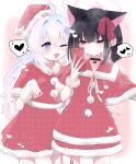  2girls absurdres ahoge alternate_costume animal_ears black_hair blue_archive blush capelet cat_ears cat_girl cellphone closed_mouth colored_inner_animal_ears colored_inner_hair commentary_request dress extra_ears fur-trimmed_capelet fur-trimmed_dress fur_trim hair_between_eyes halo hat highres holding holding_phone kazusa_(blue_archive) long_hair multicolored_hair multiple_girls negu_(pixiv_6519140) one_eye_closed phone pink_hair purple_halo red_capelet red_dress red_eyes red_hat reisa_(blue_archive) santa_costume santa_dress santa_hat short_hair sidelocks smartphone two-tone_hair 