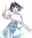  1girl :d blue_eyes blue_hair blue_pants bow bow_earrings breasts chain chain_headband colored_inner_hair commentary cropped_jacket earrings english_commentary hair_intakes highres hololive hololive_english jacket jewelry large_breasts long_sleeves looking_at_viewer multicolored_hair official_alternate_costume open_clothes open_mouth ouro_kronii padoruu pants shirt shirt_tucked_in short_hair simple_background single_sleeve smile solo standing teeth turtleneck turtleneck_shirt upper_teeth_only virtual_youtuber white_background white_jacket white_shirt yoellim5 