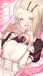  1girl absurdres apron black_shirt blonde_hair blush character_name colored_eyelashes commentary_request corset four-finger_heart_hands gakuen_idolmaster happy_mille-feuille_(idolmaster) heart heart_hands heart_in_heart_hands highres idolmaster long_hair nakata_(nkt_vvd) official_alternate_costume orange_eyes shinosawa_hiro shirt smile solo upper_body white_apron white_corset 