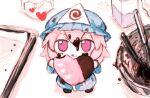  1girl blue_hat blue_kimono bowl candy chocolate chocolate_making chocolate_on_body chocolate_on_face food food_on_body food_on_face hair_between_eyes hat heart heart-shaped_chocolate heart-shaped_food highres japanese_clothes kimono long_sleeves looking_at_viewer mob_cap natucurage pink_eyes pink_hair saigyouji_yuyuko solo touhou triangular_headpiece valentine 