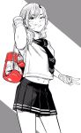  1girl abs bandaid bandaid_on_cheek bandaid_on_face boxing_gloves breasts commentary_request cowboy_shot gloves greyscale grin hand_wraps highres holding holding_gloves holding_unworn_clothes lee_(dragon_garou) medium_hair miniskirt monochrome original pleated_skirt red_gloves school_uniform skirt small_breasts smile solo spot_color unworn_gloves v 