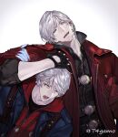  2boys beard_stubble black_gloves black_jacket blue_eyes commentary_request dante_(devil_may_cry) devil_may_cry_(series) devil_may_cry_4 facial_hair gloves grey_hair hair_between_eyes hand_on_another's_head highres holding_another's_arm hood hood_up hoodie jacket male_focus multiple_boys nero_(devil_may_cry) one_eye_closed open_mouth red_hoodie red_jacket short_hair stubble t4gamo twitter_username uncle_and_nephew white_background zipper zipper_pull_tab 
