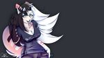  5_fingers anthro black_hair breasts cat cleavage clothed clothing eyebrows eyelashes feline female fluffy hair horn mammal multicolored_hair pants picarto shirt simple_shaded solo streams two_tone_hair white_hair zingiber 