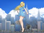  &gt;:) bare_legs barefoot bartondh blonde_hair blood blue_eyes blue_sky blush breasts building city clenched_hand closed_mouth cloud day destruction dress flower full_body giantess hair_flower hair_ornament holding long_hair medium_breasts outdoors road scar scar_across_eye short_dress short_sleeves sky skyscraper smile source_request standing street tsurime v-shaped_eyebrows 