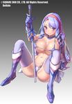  bangs bikini blue_eyes blue_hair breasts cleavage curly_hair eyebrows_visible_through_hair gradient gradient_background holding holding_sword holding_weapon kai-ri-sei_million_arthur large_breasts long_hair micro_bikini million_arthur_(series) navel pop_kyun purple_bikini purple_legwear ringlets sitting solo spread_legs swimsuit sword thighhighs thighs very_long_hair watermark weapon 