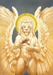  2017 angel anthro claws feathered_wings feathers feline fur hand_on_chest lion looking_at_viewer male mammal mane nimbus nude pawpads pubes realistic scale_(artist) shaded simple_background solo spread_wings standing tail_tuft traditional_media_(artwork) tuft whiskers white_feathers white_fur white_wings wings yellow_sclera 