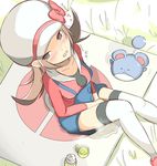  1girl animal_ears between_legs black_eyes blue_shorts blush bow brown_eyes brown_hair collarbone cup drink embarrassed from_above grass hand_between_legs hat have_to_pee knees_together_feet_apart kotone_(pokemon) looking_at_viewer looking_up marill mat muroi_(fujisan0410) open_mouth outdoors overalls peeing peeing_self picnic pokemon pokemon_(creature) red_bow saliva shoes short_hair short_twintails sitting steam suspenders sweat tail tea teacup tears text thermos thigh_strap thighhighs translation_request trembling twintails white_hat white_legwear zettai_ryouiki 