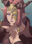  blue_eyes breasts cleavage fingernails fire_emblem fire_emblem_echoes:_mou_hitori_no_eiyuuou horns jewelry lipstick long_hair makeup mask matsudo_aya medium_breasts nail_polish nuibaba open_mouth pink_hair pointy_ears ring solo upper_body very_long_fingernails 
