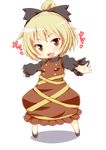  :d bangs black_bow blonde_hair blush bow brown_dress brown_eyes chibi commentary_request dress ebi_193 full_body hair_bow high_ponytail kurodani_yamame looking_at_viewer open_mouth outstretched_arms short_hair smile solo spread_arms standing touhou v-shaped_eyebrows 