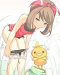  ! 10s 1girl ass bag belt bent_over bike_shorts black_eyes blue_eyes blush brown_hair fanny_pack grass hair_ribbon haruka_(pokemon) haruka_(pokemon)_(remake) have_to_pee leaning_forward looking_at_viewer muroi_(fujisan0410) open_mouth pokemon pokemon_(creature) pokemon_(game) pokemon_oras pulled_by_self ribbon shirt short_shorts shorts shorts_pull sidelocks simple_background sleeveless sleeveless_shirt torchic trembling two_side_up undressing white_background 