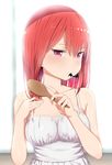  bare_arms bare_shoulders bat_hair_ornament blush breasts collarbone commentary dress eyebrows_visible_through_hair gabriel_dropout greatmosu hair_between_eyes hair_brush hair_brushing hair_down hair_ornament hair_ornament_removed hands_up highres holding holding_brush holding_hair kurumizawa_satanichia_mcdowell long_hair looking_at_viewer medium_breasts mouth_hold purple_eyes red_hair solo sundress upper_body white_dress 
