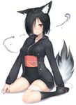  animal_ears bandages black_hair black_legwear blush fingernails hair_ornament hair_over_one_eye hairclip highres original red_eyes reinama short_hair sitting solo tail wariza 