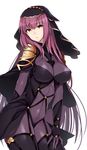  anoshabu bangs bodysuit breasts covered_navel cowboy_shot fate/grand_order fate_(series) large_breasts long_hair looking_at_viewer parted_lips pauldrons purple_bodysuit purple_hair red_eyes scathach_(fate)_(all) scathach_(fate/grand_order) solo veil 