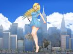  &gt;:) bare_legs barefoot bartondh blonde_hair blood blue_eyes blue_sky blush breasts building city clenched_hand closed_mouth cloud day destruction dress flower full_body giantess hair_flower hair_ornament holding long_hair medium_breasts outdoors road scar scar_across_eye short_dress short_sleeves sky skyscraper smile source_request standing street tsurime v-shaped_eyebrows 
