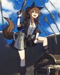  1girl antique_firearm belt bird boots brown_eyes brown_hair firearm firelock flintlock gun handgun kerchief lansane long_hair open_mouth original pirate pistol ponytail rigging seagull sky smile solo tail treasure_chest tsana_(lansane) weapon wolf_tail 