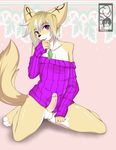  2017 5_fingers ankh anthro black_nose blonde_hair canine clothed clothing erection fennec fluffy fluffy_tail fox girly hair male mammal mistletoe penis plant purple_eyes purple_shirt solo sweater unknown_artist 