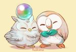  artist_name bird cheek-to-cheek closed_eyes crossover feathered_wings feh_(fire_emblem_heroes) fire_emblem fire_emblem_heroes gen_7_pokemon no_humans object_on_head orb owl pokemon pokemon_(creature) reddverse rowlet simple_background wings yellow_background 
