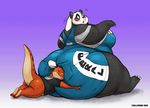  2016 anthro bear big_breasts big_butt blue_eyes blush bottomless breasts butt butt_hug claws clothed clothing duo eyes_closed female gillpanda gillpanda_(character) gradient_background huge_butt larger_female lizard looking_back male mammal obese open_mouth overalls overweight overweight_female panda reptile scalie shirt simple_background size_difference smaller_male toe_claws tongue tongue_out 