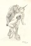  2015 anthro arm_around_shoulders bent_back breasts cloven_hooves duo equine exposed_breasts eyes_closed female fur greyscale hair hand_on_head holding_character hooves horn horse licking long_hair male mammal mane monochrome nipples nude pencil_(artwork) realistic scale_(artist) simple_background smile standing tongue tongue_out traditional_media_(artwork) unicorn white_background 